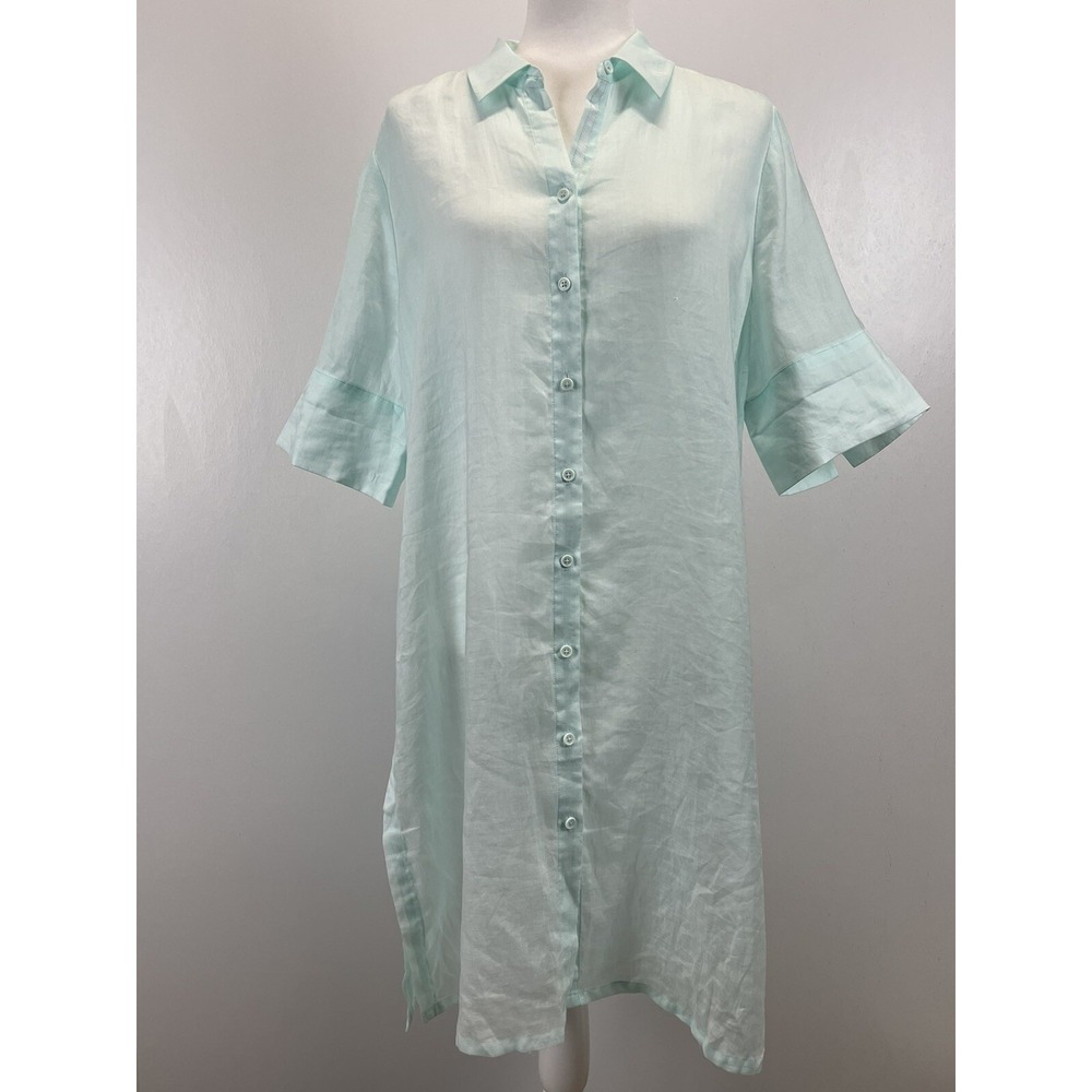 NEW! Chico's Grosgrain Trim Tunic Top Shirt Dress Sz 2 US Large Sheer Aqua Beach